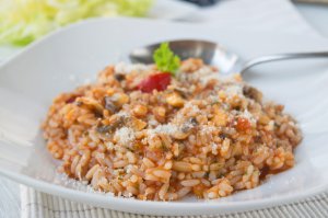 Tomaten-Pilz-Reispfanne